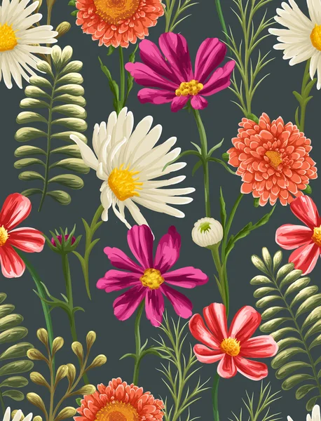 Pattern with chamomiles and other flowers — Stockvector