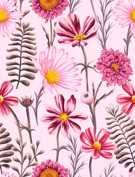 Pattern with chamomiles and other flowers — Stok Vektör