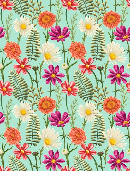 Pattern with chamomiles and other flowers — ストックベクタ
