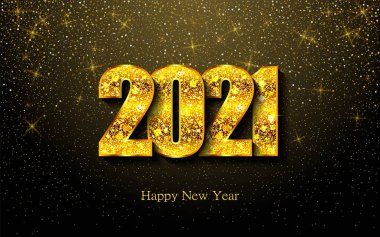 Mutlu yıllar 2021. Altın ışıltılı dokuya sahip bir arka plan. Altın Numaralar 20, 2, 0, 01. Işık etkisi. Vektör İllüstrasyonu