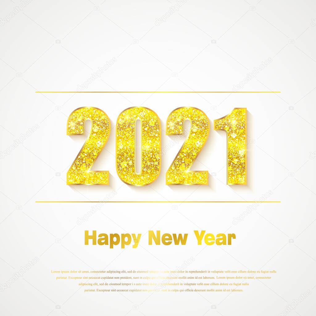 Happy New Year 2021. Background with golden sparkling texture. Gold Numbers 20, 2, 0, 01. Light effect. Vector Illustration