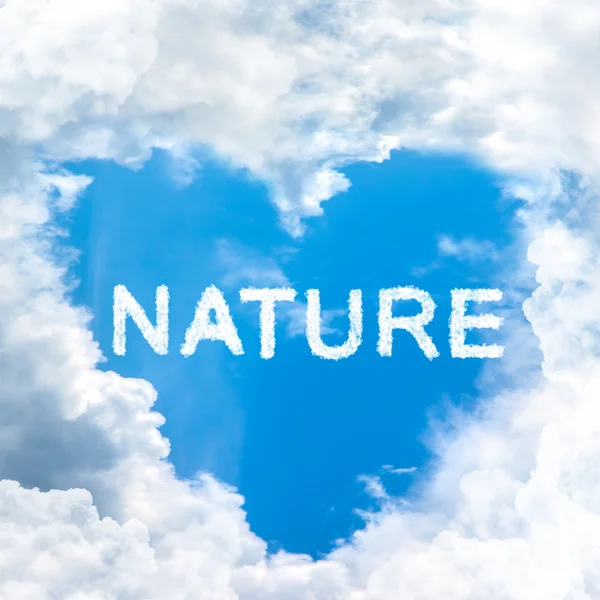 Natureza conceito palavra dentro do céu coração moldado pela nuvem — Fotografia de Stock