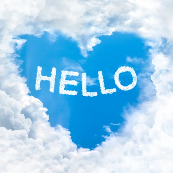 Slovo Hello, na modré obloze — Stock fotografie