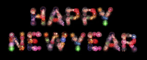 Happy new year text colorful fireworks — Stock Photo, Image