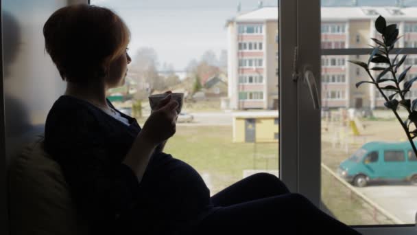Беременная женщина у окна — стоковое видео