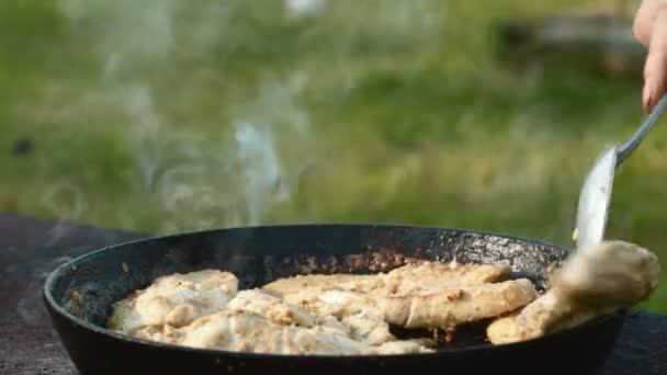 Carne di pollo in una padella — Video Stock