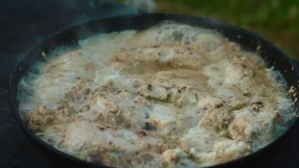 Carne de pollo en una sartén — Vídeos de Stock