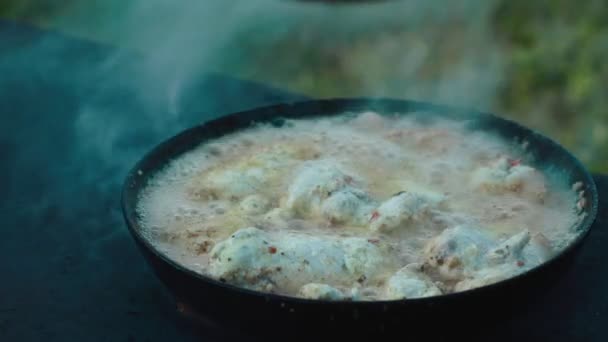 Carne di pollo in una padella — Video Stock