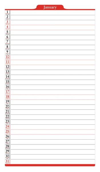 Enero, planificador mensual Calendario — Archivo Imágenes Vectoriales