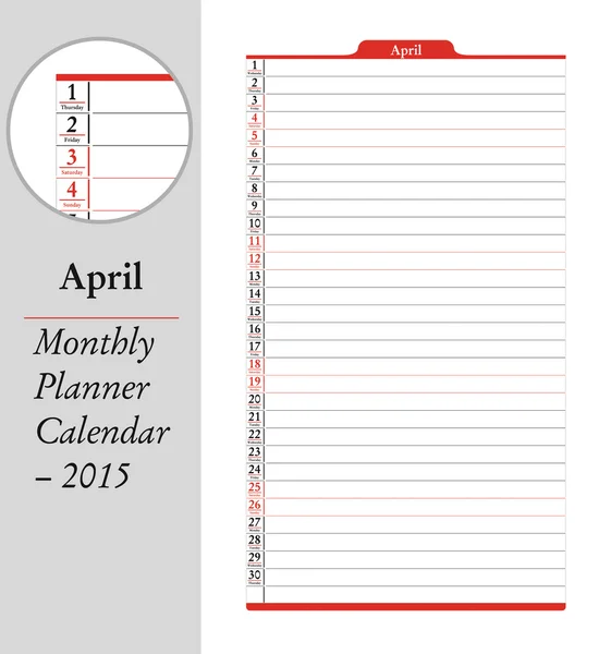 Avril, planificateur mensuel Calendrier - 2015 — Image vectorielle