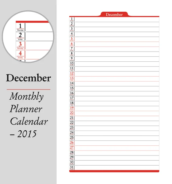 Grudnia, miesięczne planner kalendarz - 2015 — Wektor stockowy