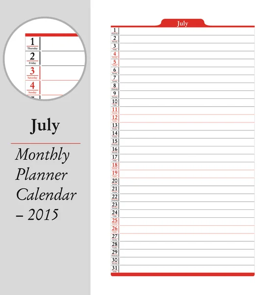 Julio, calendario mensual de planificación - 2015 — Archivo Imágenes Vectoriales