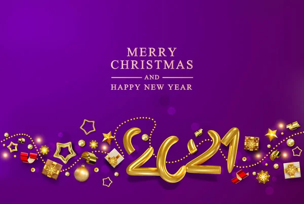 バイオレットクリスマスバナー ボリュームの数字で背景2021年 現実的なギフトボックス 雪の結晶と輝きの金のコンフェッティ シッククリスマスグリーティングカード ポスター グリーティングカード ヘッダー — ストックベクタ
