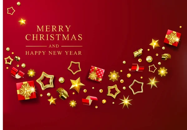 赤いクリスマスの旗 ガーランドとベクトルクリスマスの背景 現実的なギフトボックス 雪の結晶と輝き金と赤のコンフェッティ ギフトボックス シッククリスマスグリーティングカード ポスター グリーティングカード ヘッダー ウェブサイト — ストックベクタ