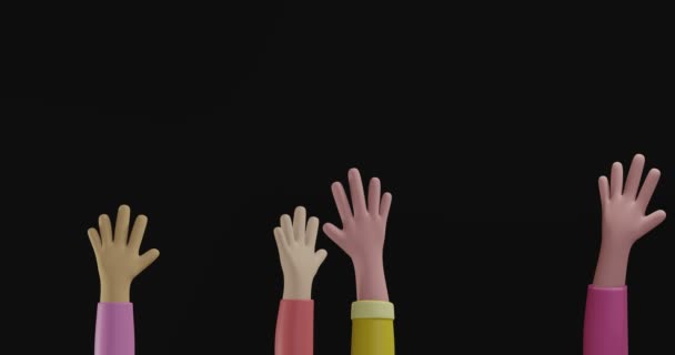 Rajzfilmek Különböző kezeket emelnek fel egyenként egyetértésben. 3D-s renderelés. 4k videó — Stock videók