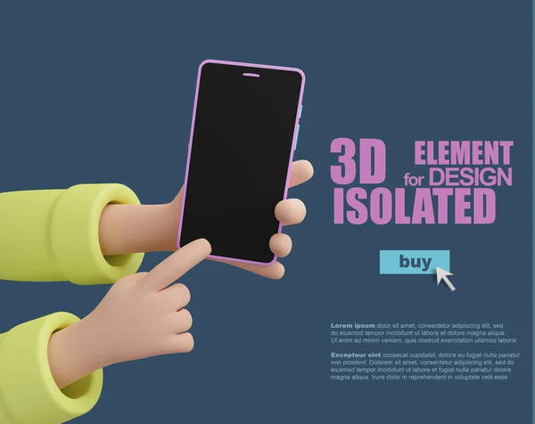 Eine Zeichentrickfigur Hält Ein Mobiltelefon Der Hand Zeigefinger Drückt Smartphone — Stockfoto