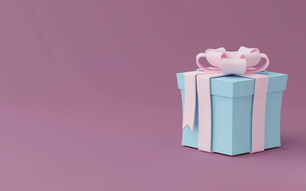 Blue Gift Box Pink Bow Blue Background Place Text Render — Stock Photo, Image