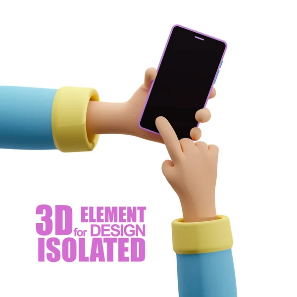 一个卡通片3D手拿着手机 食指按智能手机屏幕 3D图解在白色背景上孤立 伦德横幅设计要素 互联网通信概念 — 图库照片
