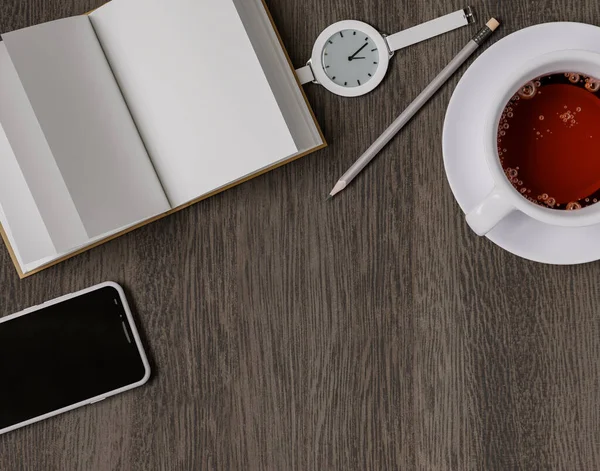 Defter Akıllı Telefon Saat Kalem Masaya Bir Fincan Çay Düz — Stok fotoğraf