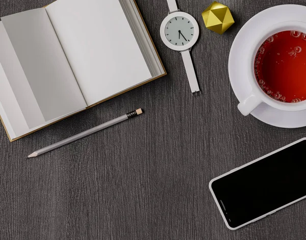 Cuaderno Smartphone Reloj Lápiz Forma Geométrica Dorada Una Taza Mesa — Foto de Stock