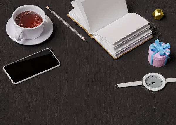 Cuaderno Smartphone Reloj Lápiz Forma Geométrica Dorada Una Taza Mesa — Foto de Stock