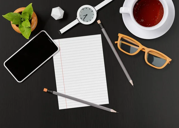 Bureau Avec Une Tasse Thé Smartphone Montre Bracelet Carnet Crayon — Photo