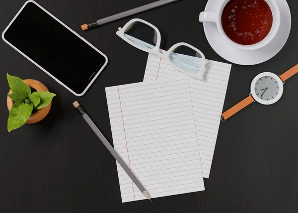 Bureau Avec Une Tasse Thé Smartphone Montre Bracelet Carnet Crayon — Photo