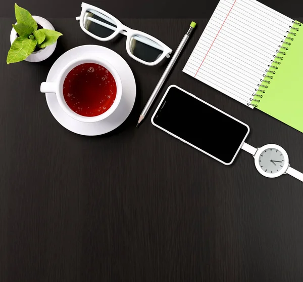 Ofis Masasında Bir Fincan Çay Akıllı Telefon Kol Saati Defter — Stok fotoğraf