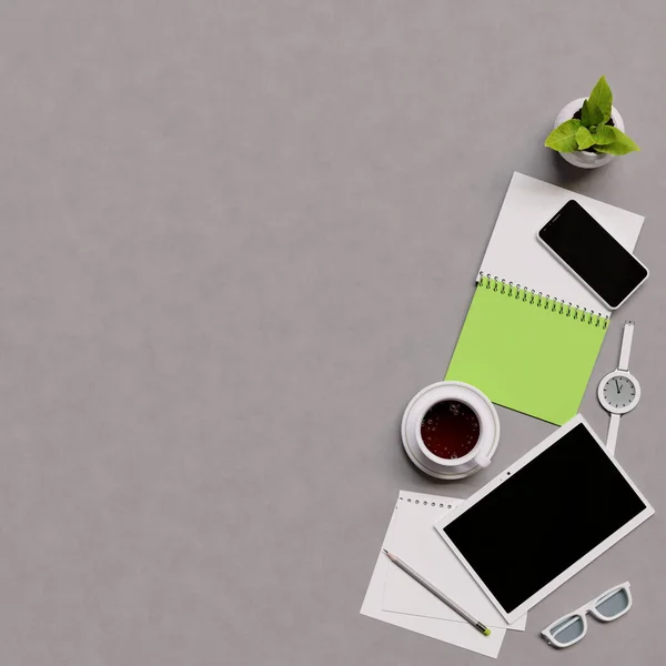 Ofis Masaüstü Görüntüsü Telefon Çay Fincanı Bardaklar Kalemler Defter Kalem — Stok fotoğraf