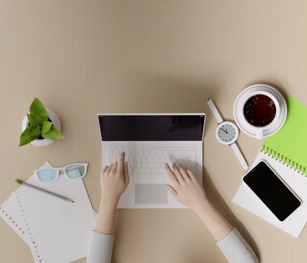 Kopfschuss Von Büro Desktop Person Die Einen Laptop Benutzt Draufsicht — Stockfoto