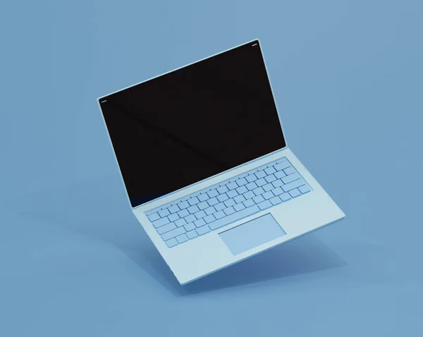 青い背景に青いノートパソコン 3Dイラスト レンダリング 角度でノートパソコン デザインのテンプレート — ストック写真
