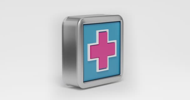 Rotatie rond zijn as, een rechthoekig metalen bord met een medisch kruis. 3d renderen. — Stockvideo