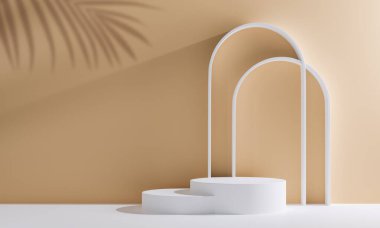 Bej rengi, 3d yuvarlak platformlu resim, sunum ürünü için daire şeklinde kaide. Reklam ve satış için podyum. 3d hazırlama, tasarım