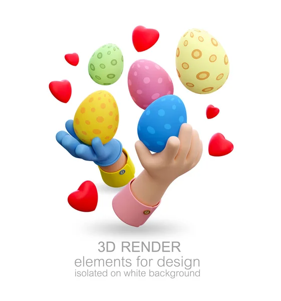 Cartoon Hands Holds Easter Eggs Red Hearts Isolated White Background — Stock Photo, Image