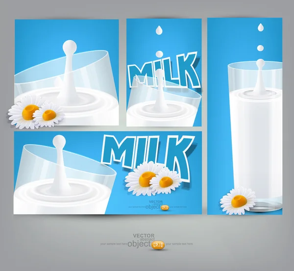 Bicchiere vettoriale di latte, margherite (carte per la pubblicità ) — Vettoriale Stock