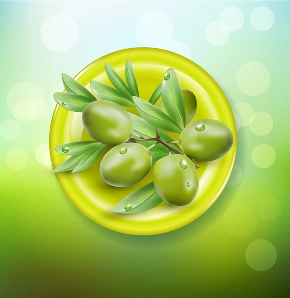 Gröna oliver på tallrik — Stock vektor