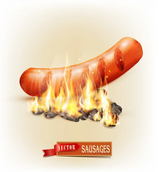 Salchichas asadas sobre carbones y fuego — Vector de stock