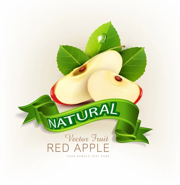 Rodajas de manzana roja con hojas y cinta — Vector de stock