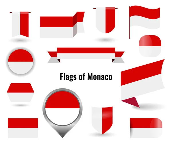 Eine große Anzahl von Symbolen und Schildern mit der Flagge von Monaco. — Stockvektor