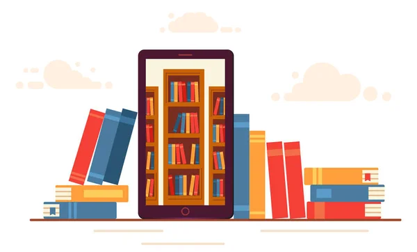 Online Education. A mobile phone with library bookshelves inside. — Stock Vector