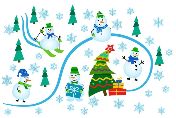 Téli üdvözlőlap. Hóemberek a téli erdőben mennek a karácsonyfához.. — Stock Vector