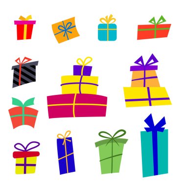 Büyük koleksiyonlar renkli hediye kutuları. Hediye simgeleri düz stil, kartlar için kullanılabilir