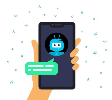 Sohbet robotuyla çevrimiçi iş sohbetini düşün. Elinde cep telefonu var..