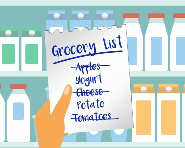 In Supermarkt klant houdt een stuk papier met een boodschappenlijstje in zijn hand. — Stockvector