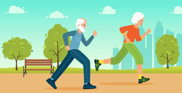 Las personas mayores practican deportes en el parque de la ciudad. — Vector de stock