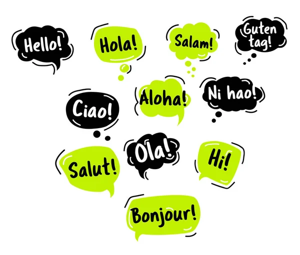 Spraakbel. Hallo, in verschillende talen van de wereld. Handgetekende doodle — Stockvector