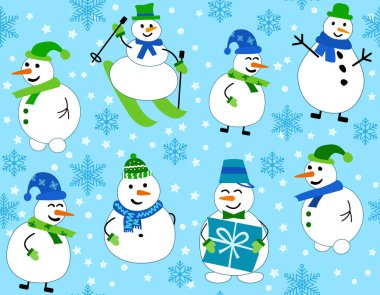 Kardan adam ve kar taneleriyle kış şablonu. Kayak yapan kardan adam ve hediye.