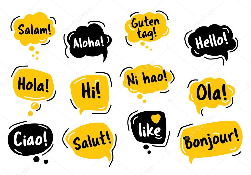 Speech Bubble. Hello, in different languages of the world. Hand drawn doodle