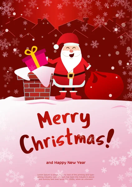포스터 메리 크리스마스. 선물 가방을 들고 지붕 위에 있는 산타클로스, — 스톡 벡터