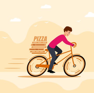 Banner hızlı teslimat pizzası. Kurye bisiklete biner ve pizza dağıtır..
